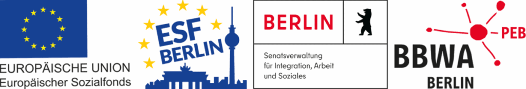Logo des Europäischen Sozialfonds und der Senatsverwaltung für Integration, Arbeit und Soziales im Rahmen der Bezirklichen Bündnisse für Wirtschaft und Arbeit.